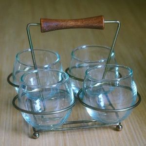 shot glasses in brass caddy | mid century bar ware